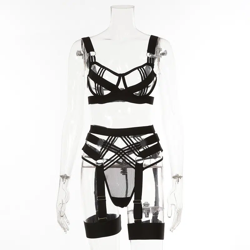 Black Ultra Sexy Garter Belt Bra Panty Set Front view Black Ultra Sexy Garter Belt Bra Panty Set Front view