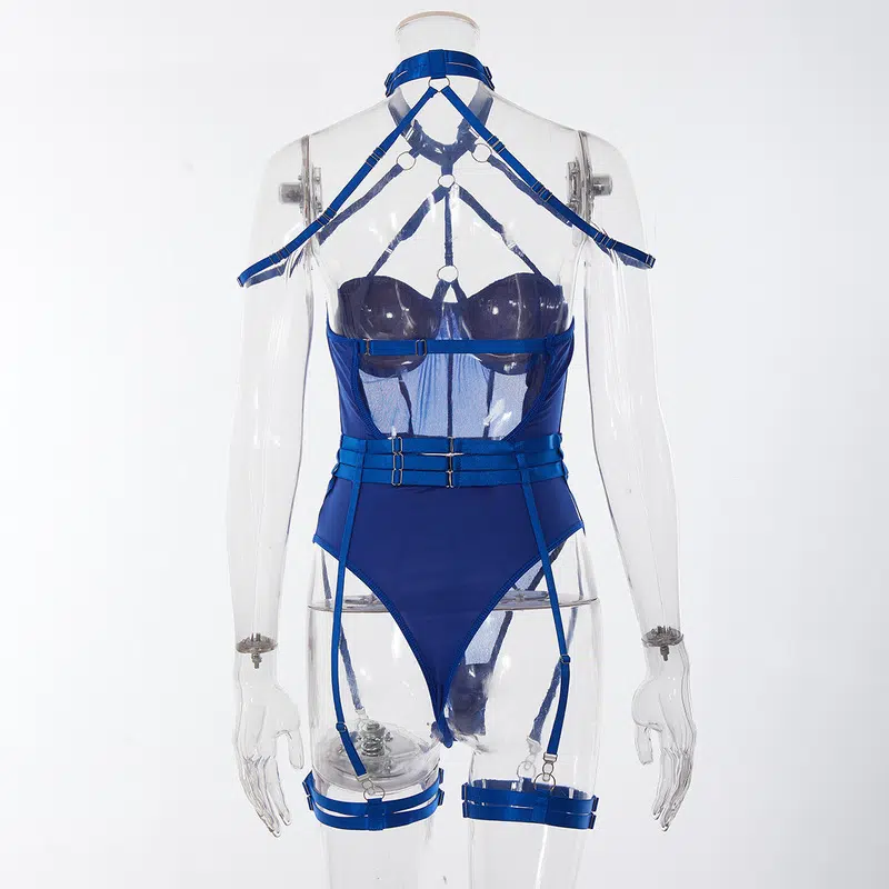 Allure Lace Mesh One-Piece Belt Set in Blau Rückansicht