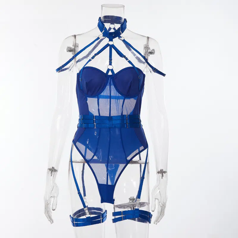 Blue Allure Lace Mesh One-Piece Belt Set Vorderansicht