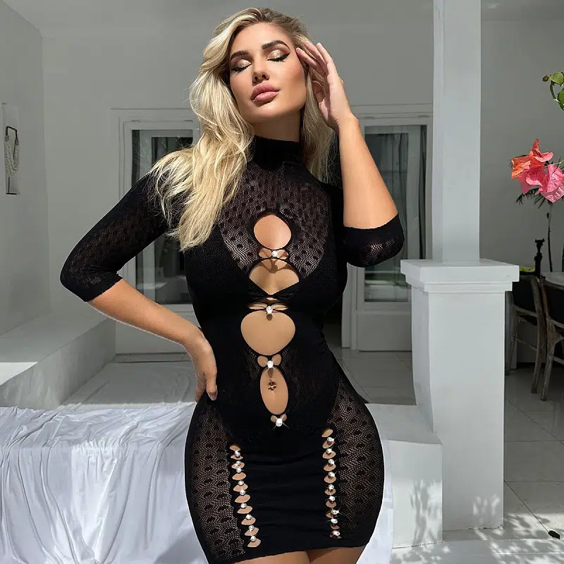 Dazzling Rhinestones Spotted Bodystocking Dress Front Show Blændende Rhinestones Plettet Bodystocking Kjole Front Show