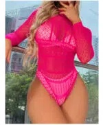 Deep Pink Houkutteleva avoin selkä pitkähihainen BodyStocking Bodysuit edessä Show Deep Pink Houkutteleva avoin selkä pitkähihainen BodyStocking Bodysuit edessä Show