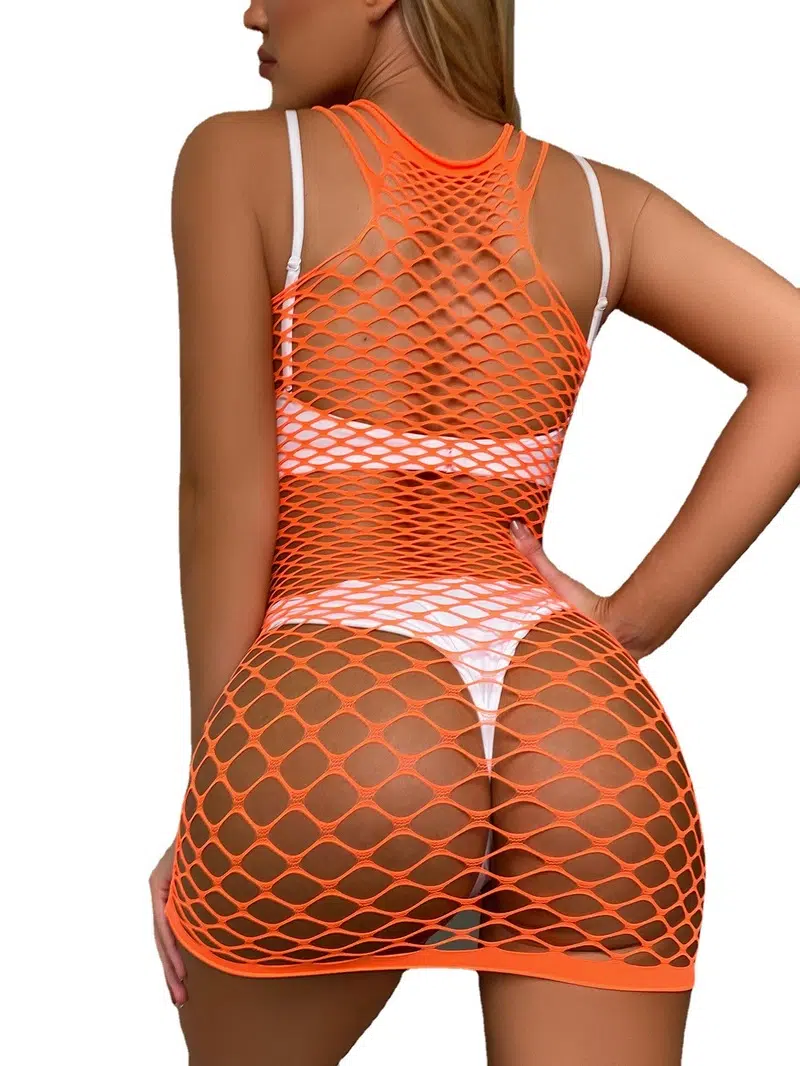 Laranja Sensual Arrastão Halter Meia-calça Saia Quadril Mostrador nas Costas