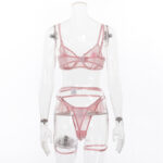 Ensemble de porte-jarretelles trois pièces en dentelle brodée rose See- Vue de dos