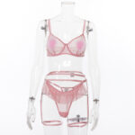 Ensemble porte-jarretelles trois pièces en dentelle brodée rose See- Vue de face