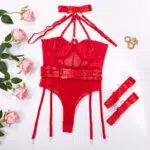 Red Allure Lace Mesh One-Piece Belt Set All view