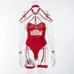 Red Allure Lace Mesh One-Piece Belt Set Rückansicht