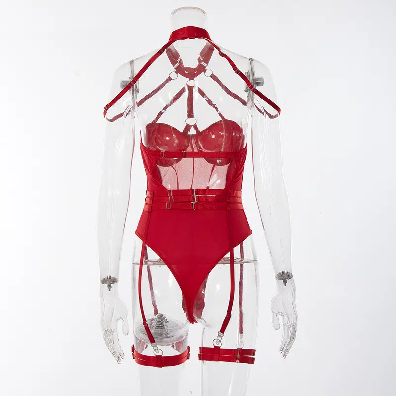 Red Allure Lace Mesh One-Piece Belt Set Rückansicht