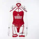 Red Allure Lace Mesh One-Piece Belt Set Vorderansicht