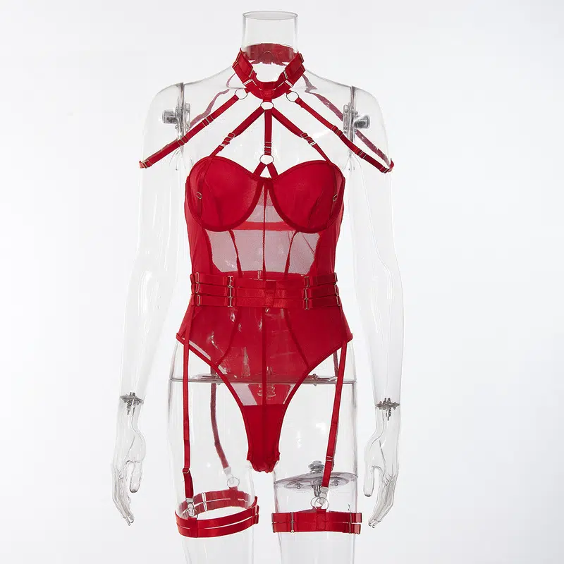 Red Allure Lace Mesh One-Piece Belt Set Vorderansicht