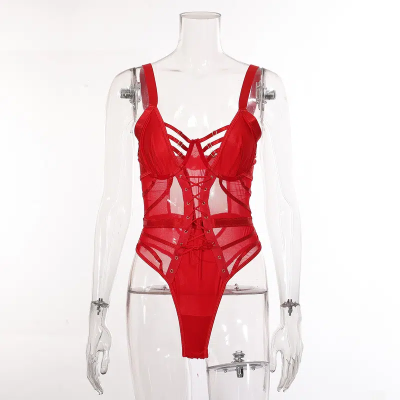 Red Mesh Perspective One-Piece Bra & Panty Set Front view Red Mesh Perspective One-Piece Bra & Panty Set Front view