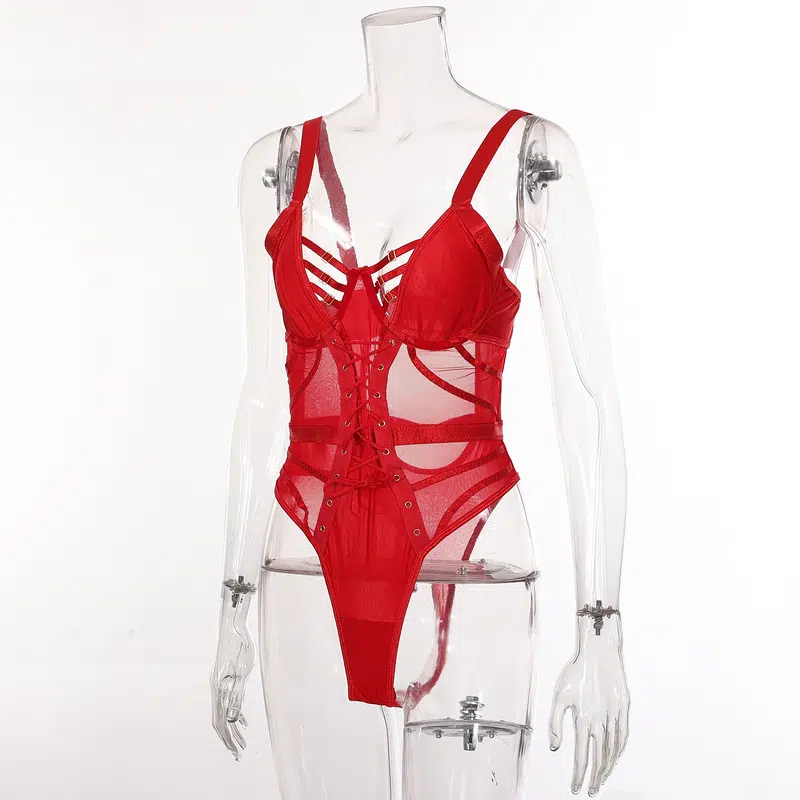 Red Mesh Perspective One-Piece Bra & Panty Set Side view Red Mesh Perspective One-Piece Bra & Panty Set Side view