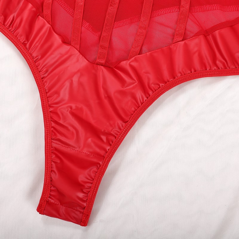 Red Perspective One-Piece Sheer Bodysuit Crotch Details Rød Perspective One-Piece Sheer Bodysuit Skridtdetaljer