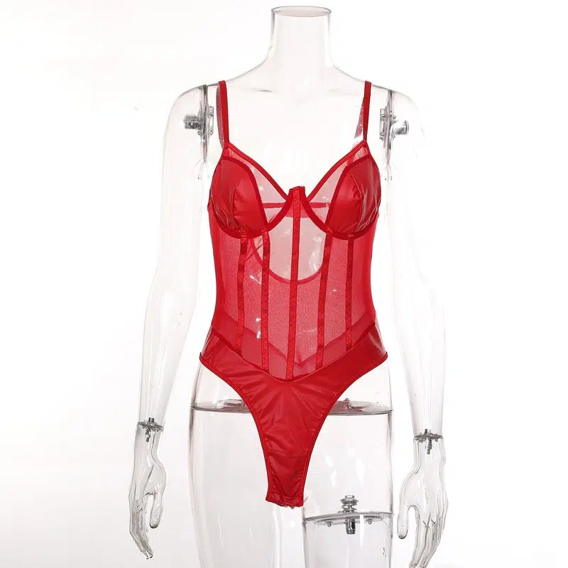 Red Perspective One Piece Sheer Bodysuit edestä