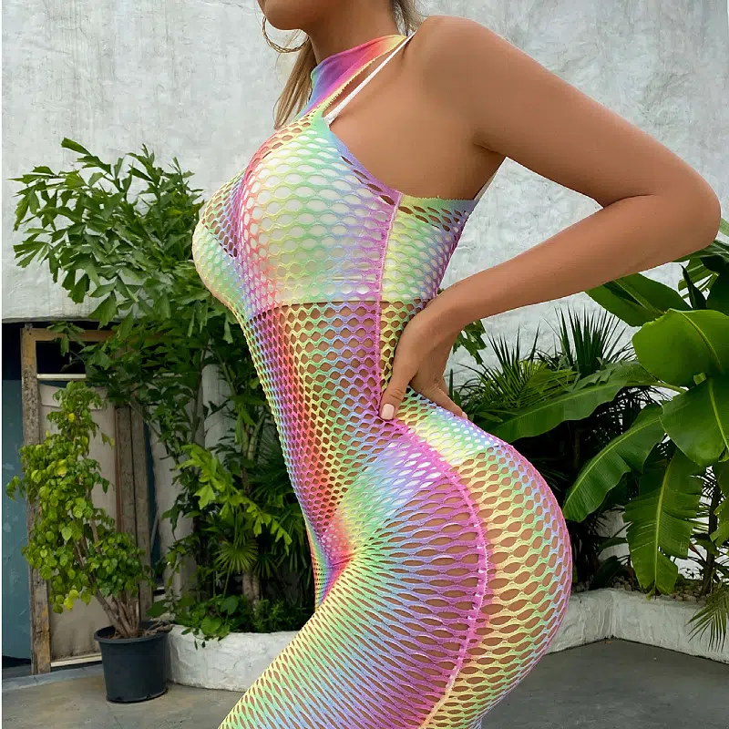 Stunner Iridescent Cutout Bodystocking Dress Site View Stunner Bodystocking-Kleid mit schillerndem Ausschnitt und Seitenansicht