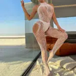 Espectáculo de medias de cuerpo completo con cuello halter jacquard elegante blanco