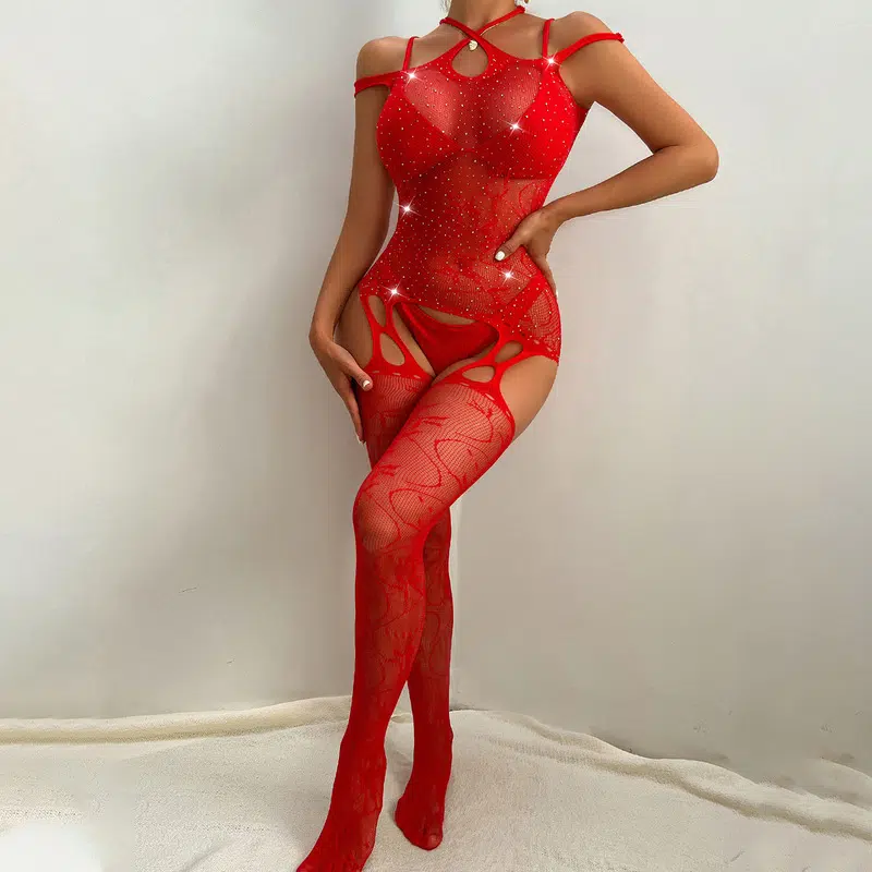 Red Suspender Bodystocking with Rhinestone Model Show