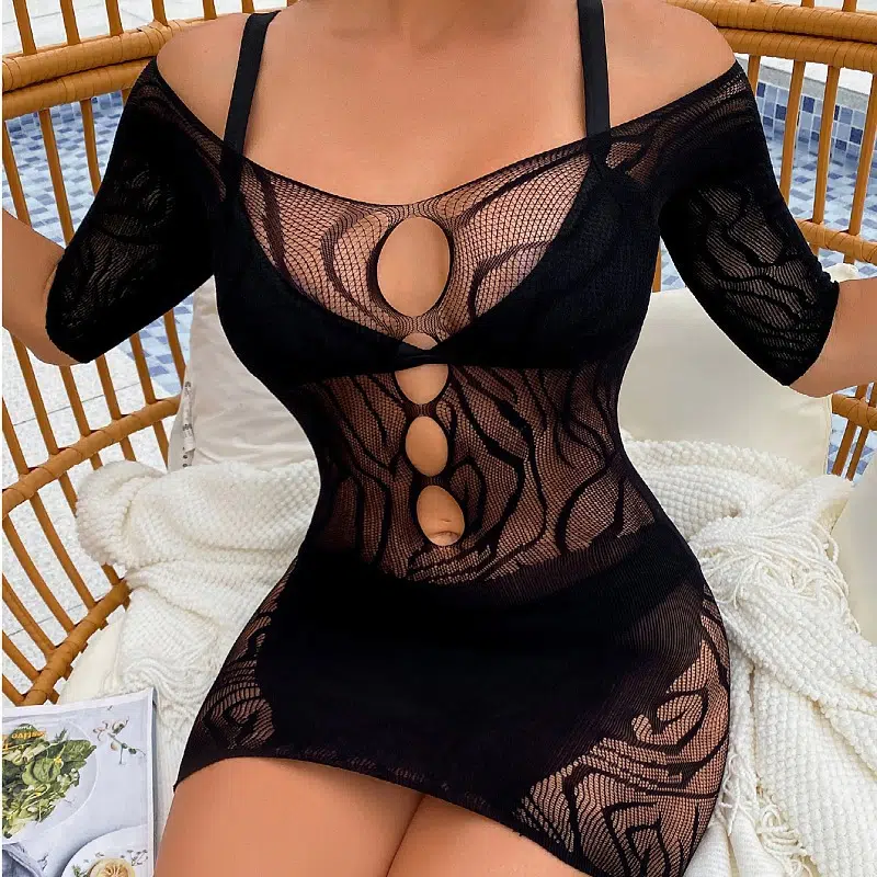 Sensual Black Textured Fishnet Dress Model Site View Aistillinen musta kuvioitu verkkomekkomalli sivustonäkymä