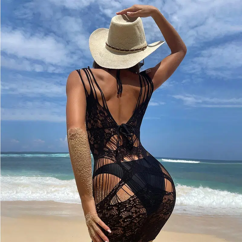 Sheer Seduction Fishnet Lace Dress model Back Show Transparentes, verführerisches Netz-Spitzenkleid, Modell „Back Show“.