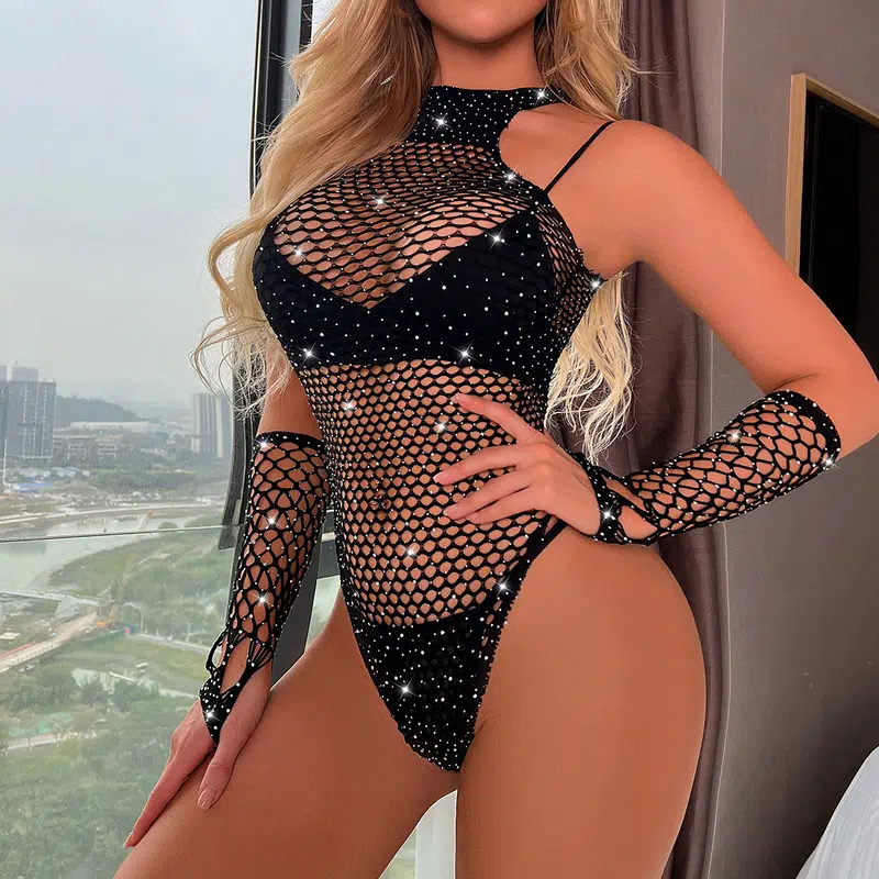 Sparkling Rhinestone Halterneck Fishnet Bodysuit Bodystocking Dispaly