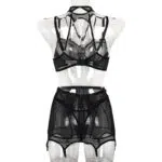 3-teiliges Set, schwarzer Netz-Neckholder-BH mit Hüftbedeckung, Strumpfbändern, Rückansicht