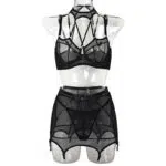 3-teiliges Set, schwarzer Netz-Neckholder-BH mit Hüftbedeckung, Strumpfhaltern, Vorderansicht