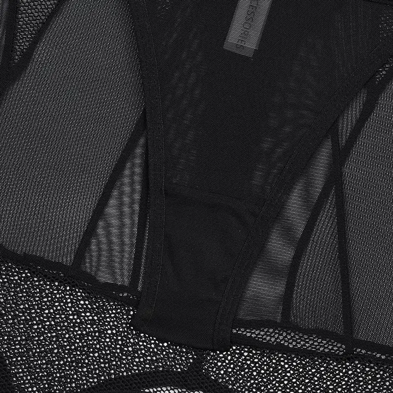 3-teiliges Set aus schwarzem Mesh-Neckholder-BH mit Hüftbedeckung, Strumpfhaltern und Mesh-Details