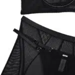 3-teiliges Set aus schwarzem Mesh-Neckholder-BH mit Hüftbedeckung, Strumpfbändern und Taillendetails