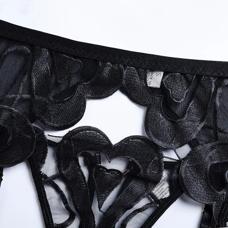 Black Enchanting Mesh Love Bra & Panty Set with Garter Waist Details