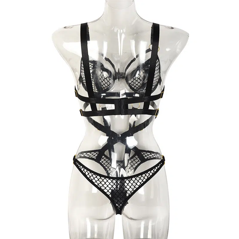 Ensemble soutien-gorge et culotte en résille noire avec surpiqûres tressées Vue de dos