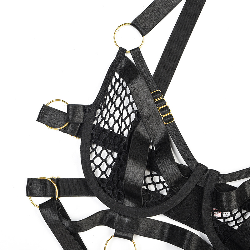 Black Fishnet Bra and Panty Set with Braided Stitching Bra Details Черный комплект из бюстгальтера и трусиков в сеточку с деталями бюстгальтера с плетеной строчкой