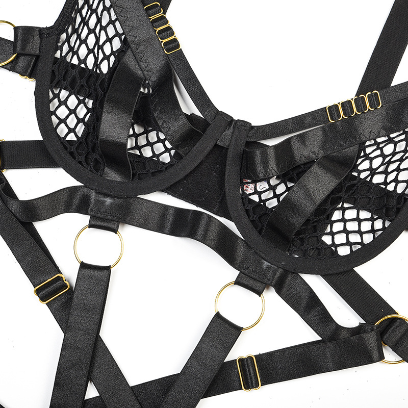 Black Fishnet Bra and Panty Set with Braided Stitching Bra Display Черный комплект бюстгальтера и трусиков в сеточку с плетеным бюстгальтером-демонстрацией