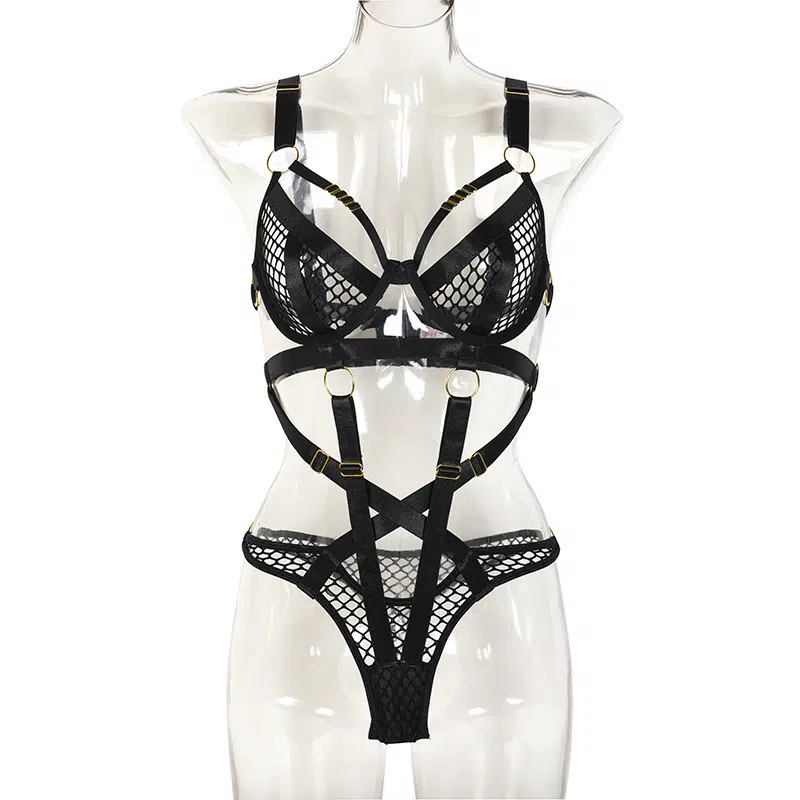 Ensemble soutien-gorge et culotte en résille noire avec surpiqûres tressées Vue de face