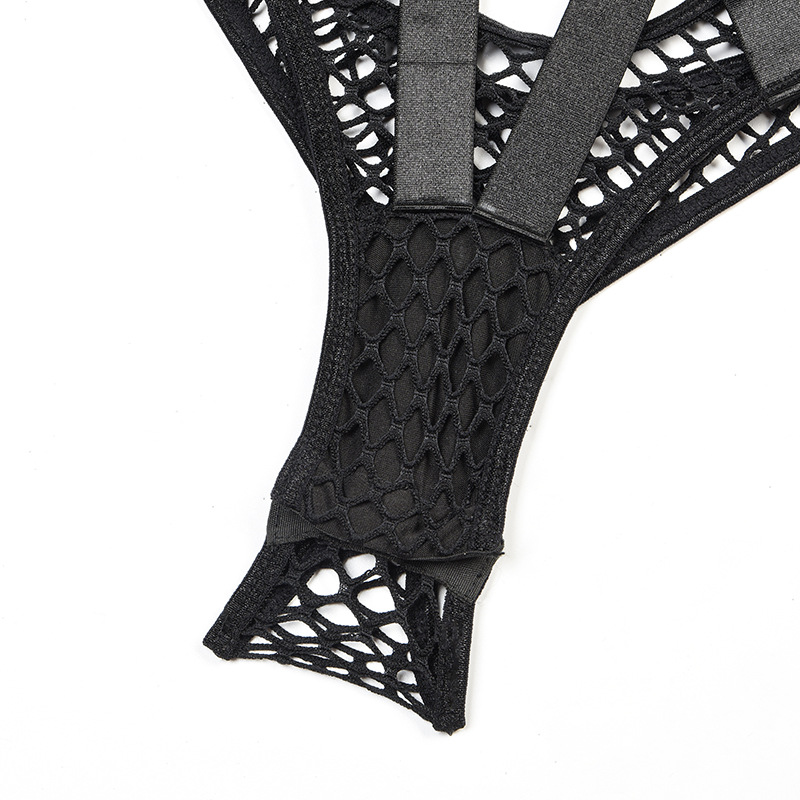 Black Fishnet Bra and Panty Set with Braided Stitching Panty Details Черный комплект бюстгальтера и трусиков в сеточку с деталями трусиков с плетеной строчкой