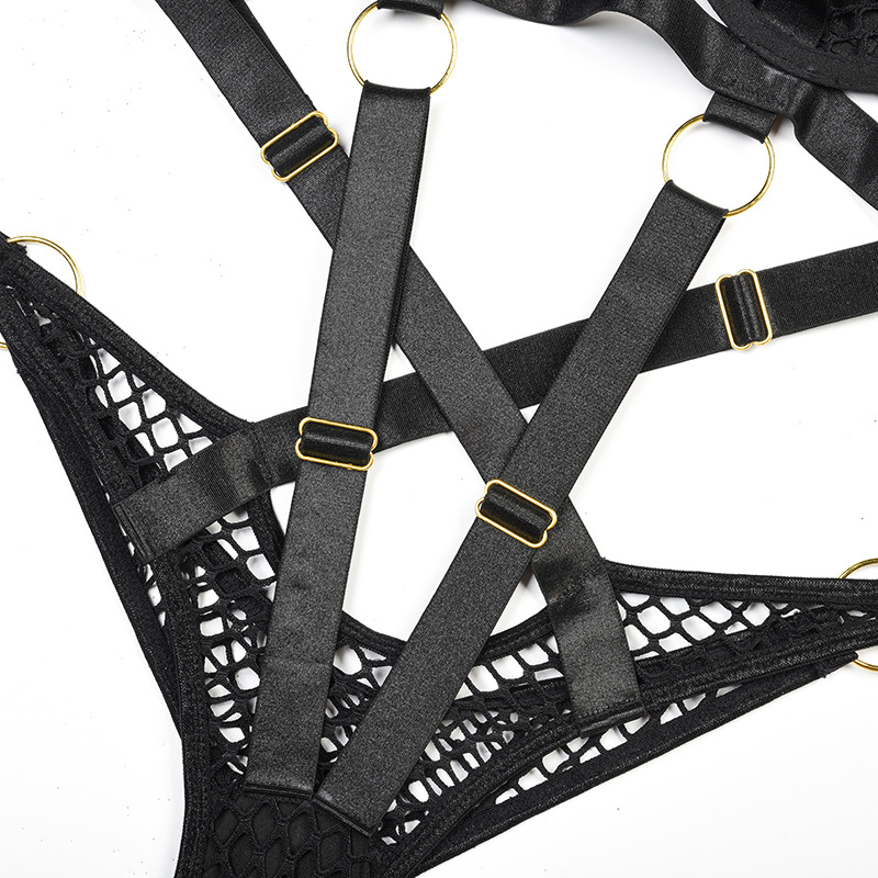 Black Fishnet Bra and Panty Set with Braided Stitching Strapy Details Черный комплект из бюстгальтера и трусиков в сеточку с плетеной строчкой на бретельках