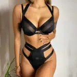 Black Halter Strap Bra and Panty Set Model Front View
