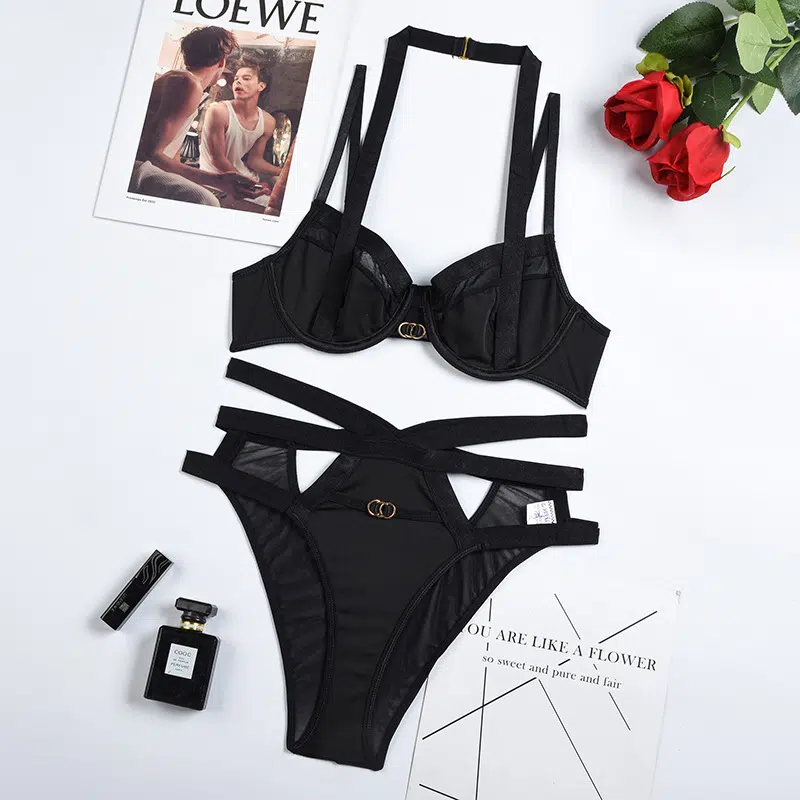 Black Halter Strap Bra and Panty Set Over View