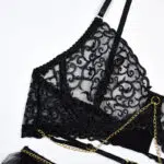Black Lace Bra & Panty Set with Golden Chain Decor Bra Details