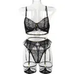 Black Lace Bra & Panty Set with Golden Chain Decor Front View View