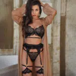 Black Lace Bra & Panty Set with Golden Chain Decor Model Front Display