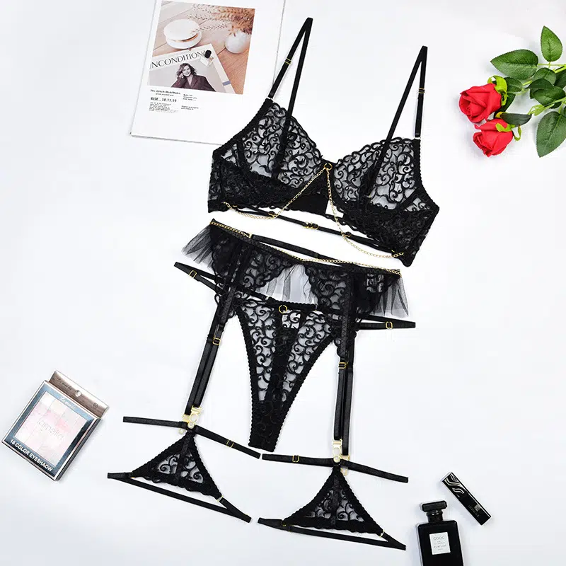 Black Lace Bra & Panty Set with Golden Chain Decor Over View