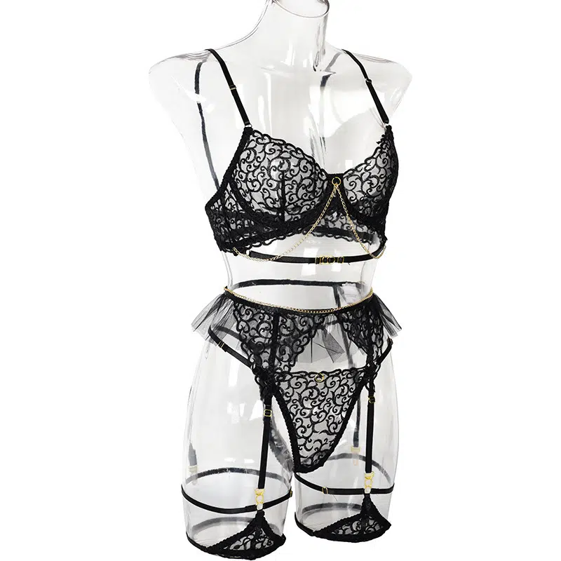 Black Lace Bra & Panty Set with Golden Chain Decor Side View