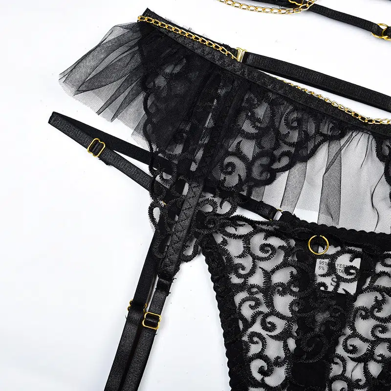 Black Lace Bra & Panty Set with Golden Chain Decor Waist Details
