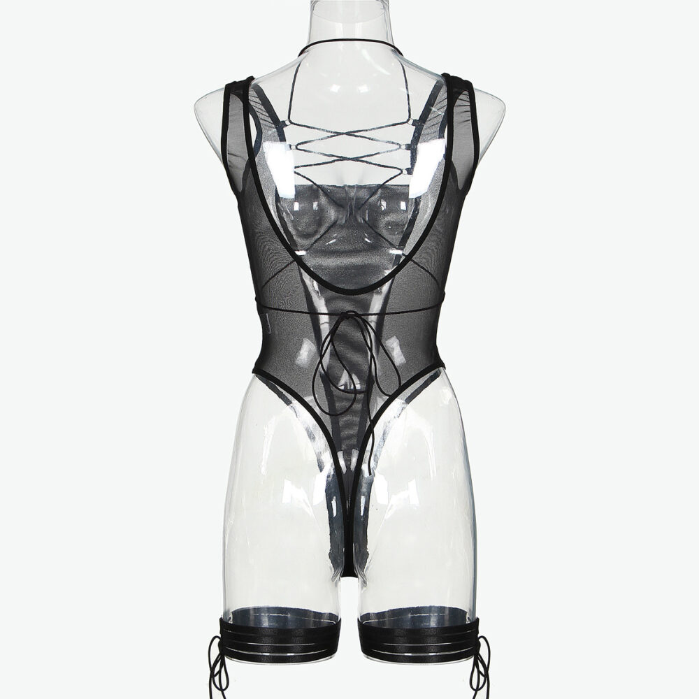 Bodysuit i svart mesh med öppen vy bakifrån