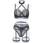 Black Mesh Halter Neck Bra & Panty Set with Elastic Band Front View