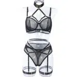 Black Mesh Halter Neck Bra & Panty Set with Elastic Band Front View Black Mesh Halter Neck Bra & Panty Set with Elastic Band Front View