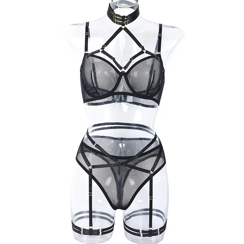 Black Mesh Halter Neck Bra & Panty Set with Elastic Band Front View Black Mesh Halter Neck Bra & Panty Set with Elastic Band Front View
