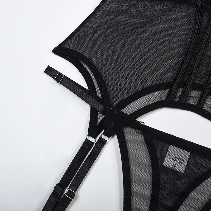 Black Midnight Temptation Mesh Bustier Set Garter Details Black Midnight Temptation Mesh Bustier Set Garter Details