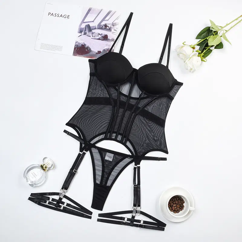 Black Midnight Temptation Mesh Bustier Set Over View Black Midnight Temptation Mesh Bustier Set Over View