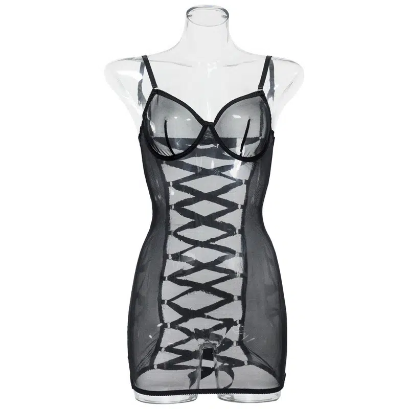 Camisón negro de malla transparente con espalda abierta Vista frontal