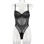 Black Striped Mesh Sheer Bodysuit Front View